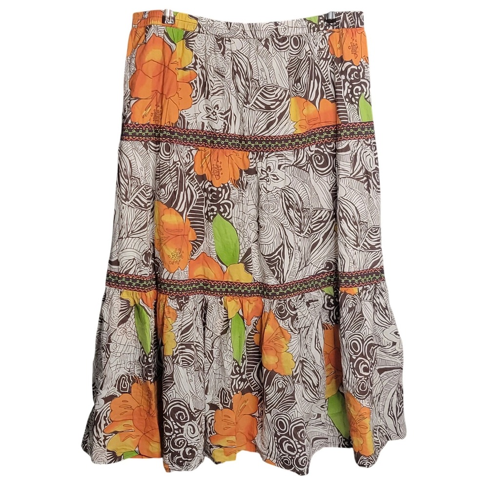 Floral Tiered Midi Skirt L Brown Orange Boho Cottage Core‎ Hippie Earthy Retro
